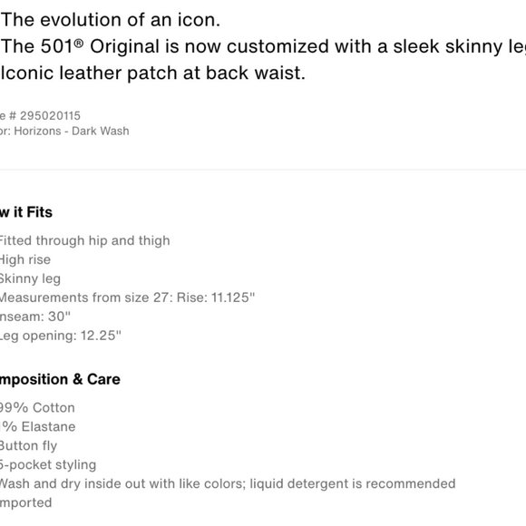 Levi's 501S Premium Button Fly Skinny Jean in DARK HORIZONS 25w/Measurements - Picture 5 of 14